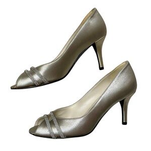 Stuart Weitzman Glohotwire Heels Chrome Raso Satin Rhinestone Peep Toe Size 6